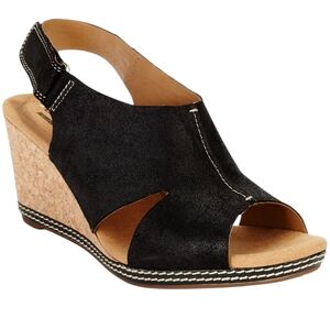 Clarks Suede Leather Black and‎ Tan Wedge Heel Sandals. Size 10